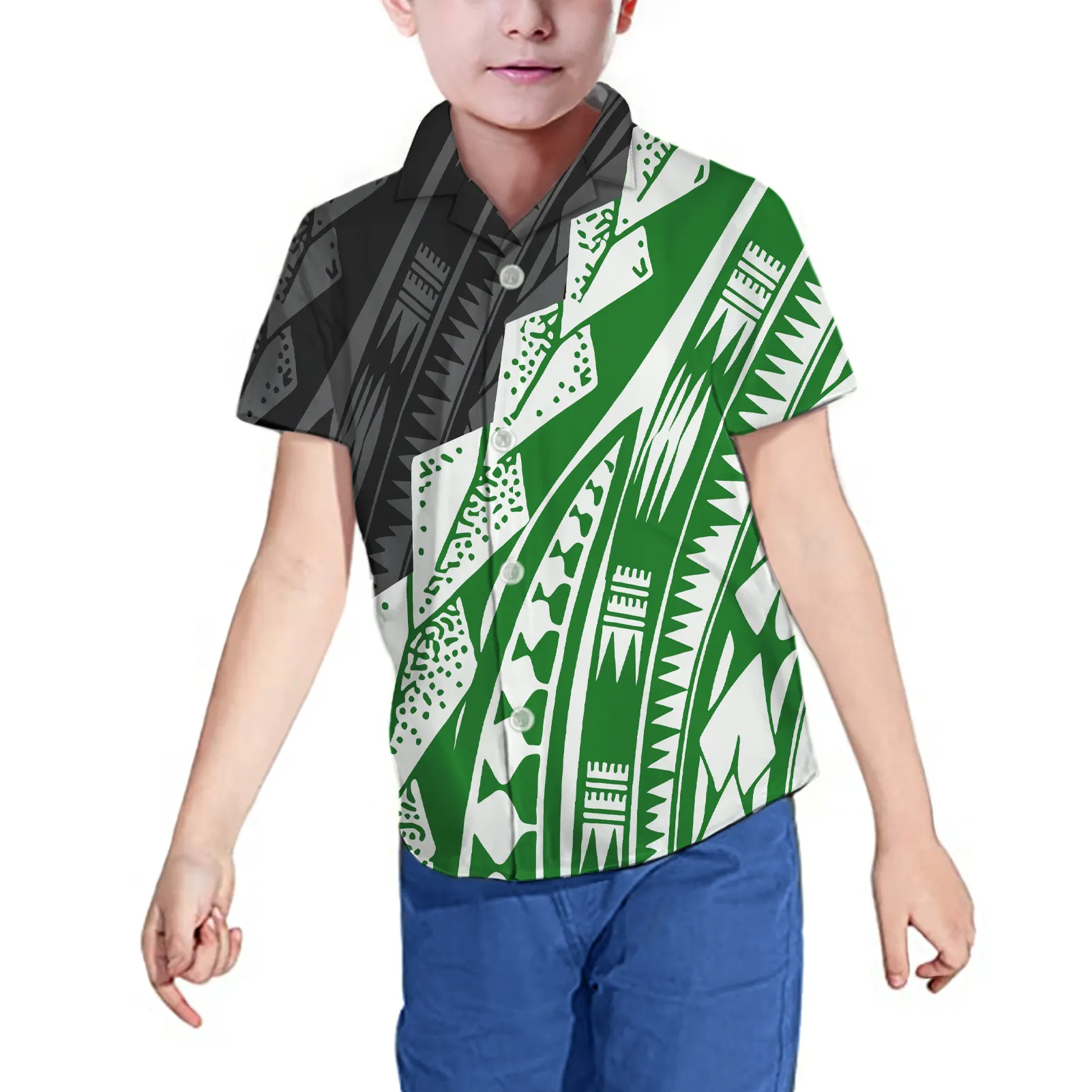 Черно-зеленые полинезийские племенные рубашки для мальчиков, хорошее качество, детские рубашки с коротким рукавом и отложным воротником, детская рубашка