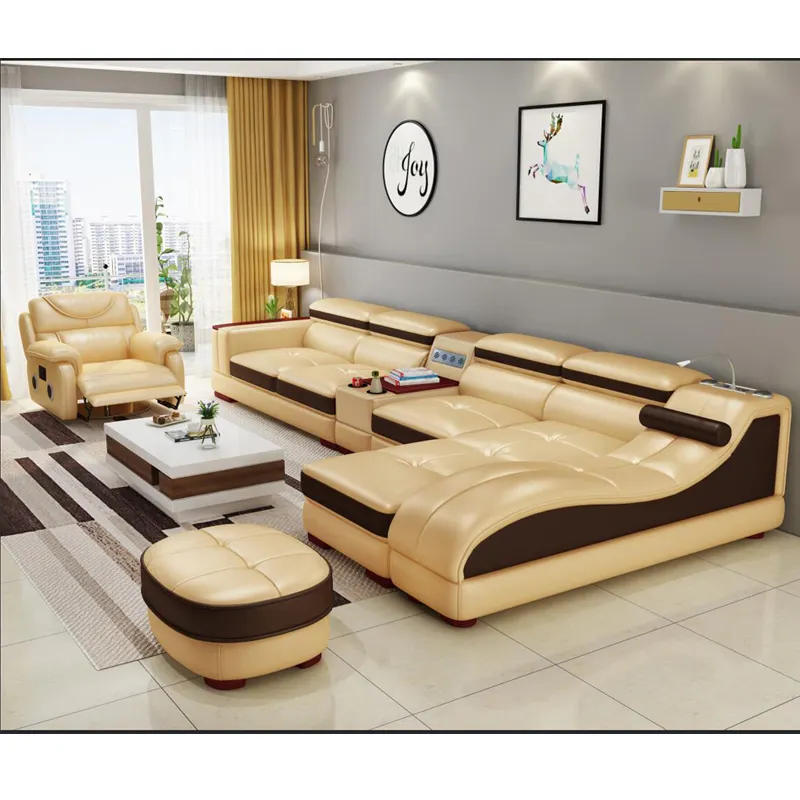 Современная Многофункциональная Мебель для гостиной, домашняя мебель, секционный кожаный диван L-образной формы с функцией массажа, набор деревянных диванов, 2023
