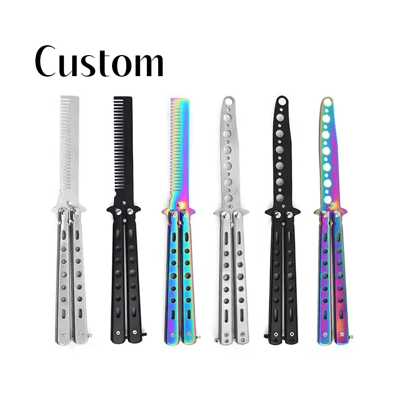 Gloway Custom Logo Barber Stainless Steel Butterfly Folding Practice Learning Throwing Knife Butterfly Knife Comb For Training