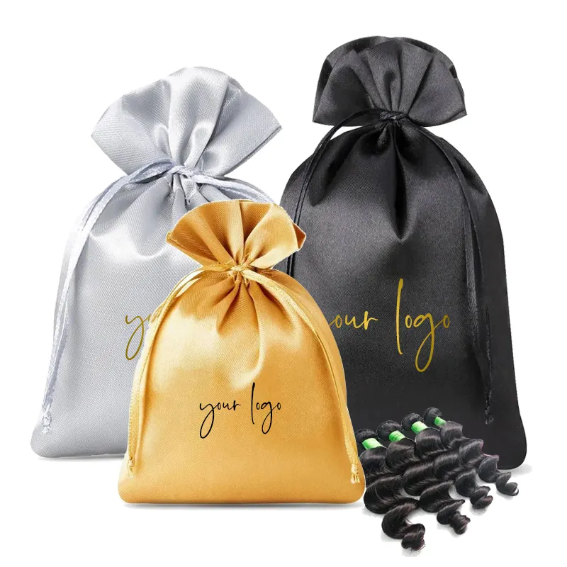 Satin Bag Wholesale Gold Drawstring Packaging Large Custom With Logo For Wig Hair Hanger Bundles Package Pouch Silk Satin Wigs Dust Bags