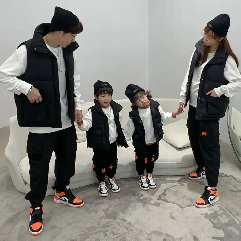 Father Mom And Son Matching Padded Vest Winter Family Jacket Sets Kid Waistcoats Button Down Black Warm Mommy And Me Coat