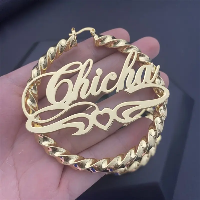 Золотые витые серьги-кольца, персонализированные витые серьги-кольца с именем на заказ, модные ювелирные украшения на заказ