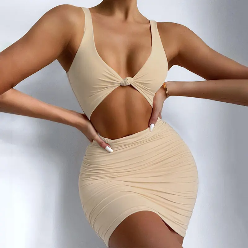 2022 Summer Hot Fashion Hollow Out Maxi Dress Sexy V Neck Crop Bodycon Cut Out Dresses For Women