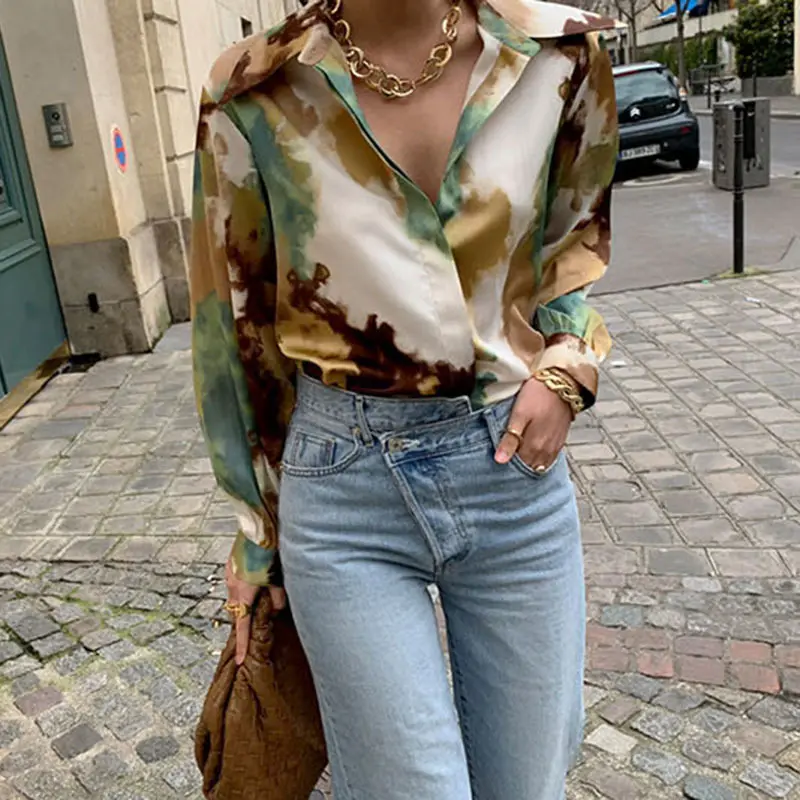 ONEINALL Lapel Long Sleeve Straight Loose Blouses Female Spring Fashion New Clothing 2021