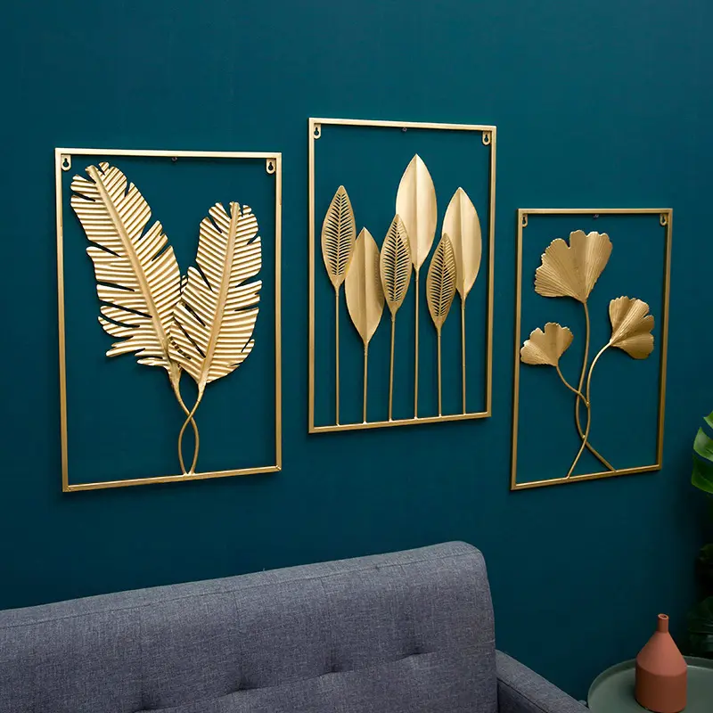 Wall Decor Interior Pieces Luxury Display Gold House Wrought Iron Frame Meta Wall Art Hanging Leaf Flower Home Decor