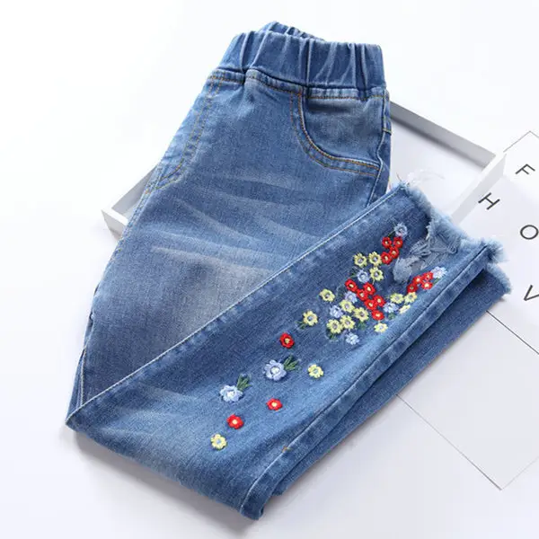 Bangladesh Factory Wholesale Children fashion hot sales denim embroidered flower girls jeans kids long jeans for girls