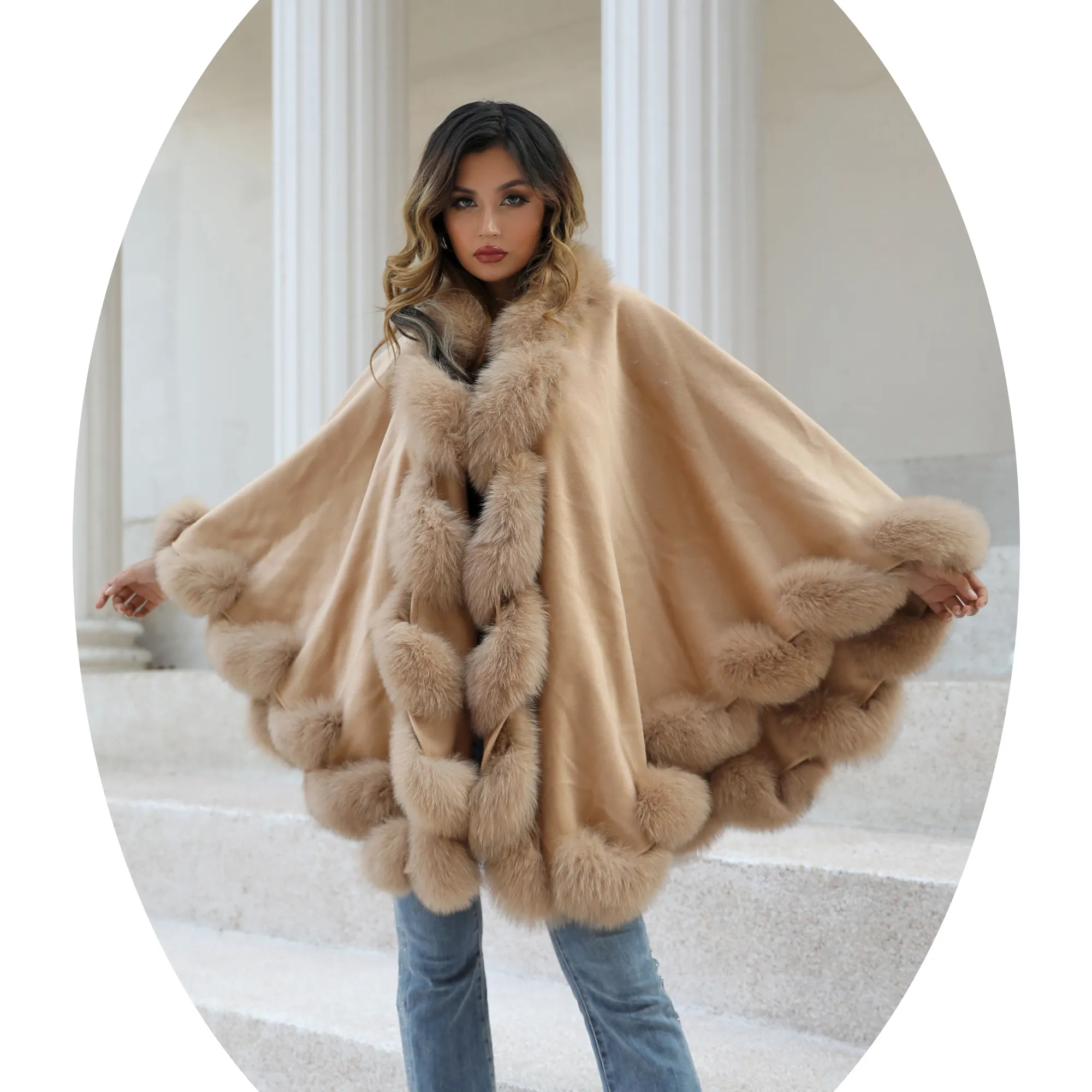 Large Size 100 Cashmere Wool Blended Poncho Long Women Big Stole Shawls With Fox Fur Trim