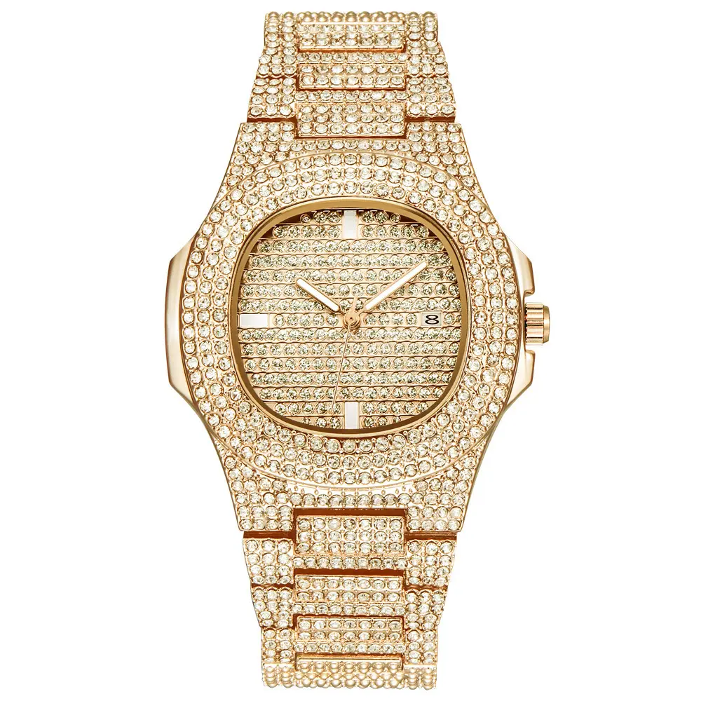Top Brand Luxury Bling Quartz Square Men Watch Relojes Hip Hop Gold Full Diamond Iced Out Watch