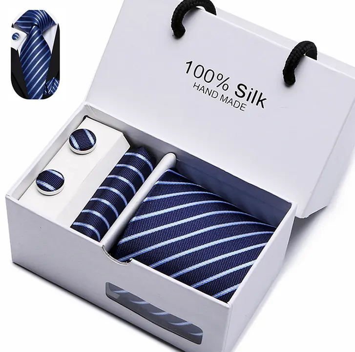 2022 Свадебный Мужской Шелковый галстук и запонки с набедренной подарочной коробкой набор на заказ полоски модный стиль галстуки из полиэстера набор галстуков коробка для мужчин