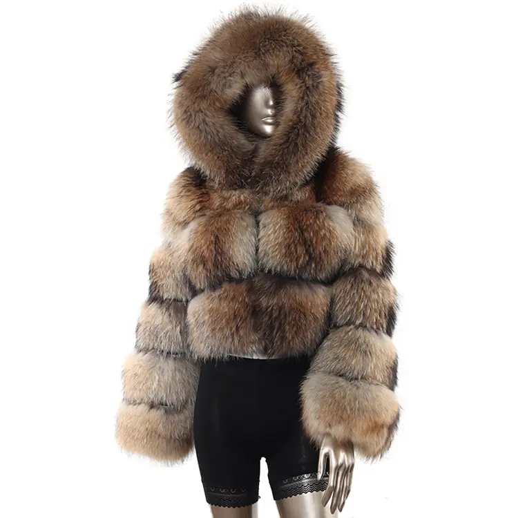 Зимнее коричневое короткое пальто с капюшоном из меха енота размера плюс, стильные кроп шубы из натурального меха лисы