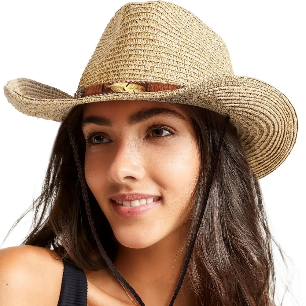 BESTELLA 2022 Unisex Breathable Cowboy Straw Hats Mix Color with Strap Wind Lanyard Wide Brim Sun Hats for Women Men