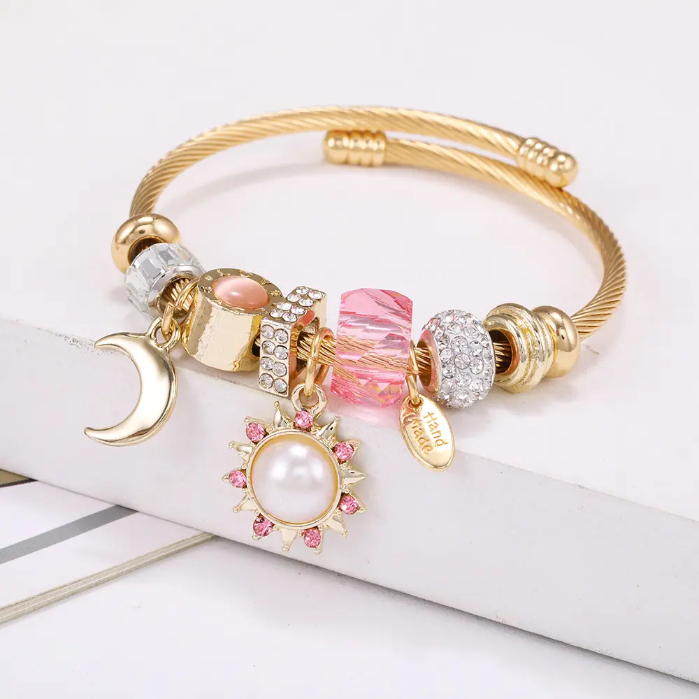 Wholesale Adjustabler Sun Moon Pendant Women Pink Crystal Stainless Steel Bangle Charm Bracelet