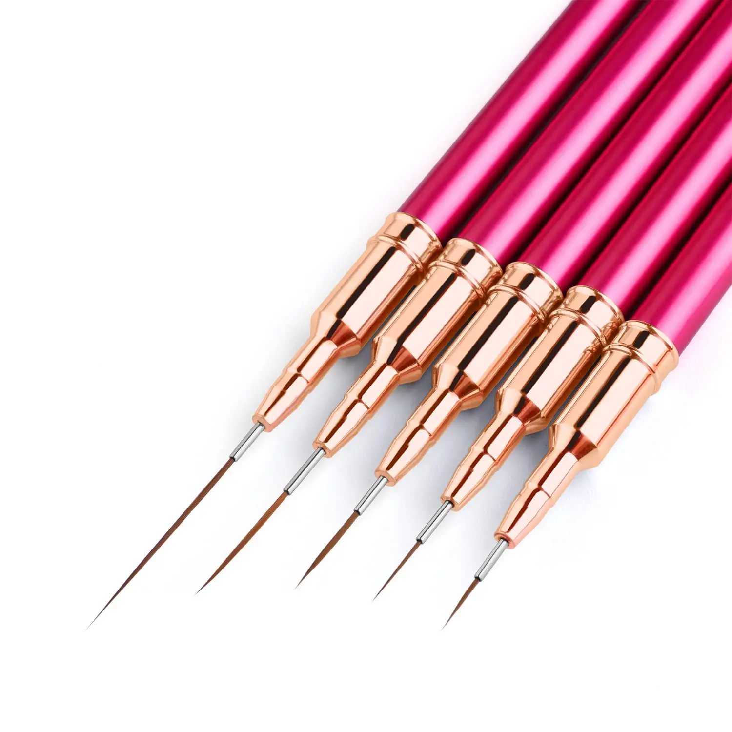 Private Label  Customized Detail Nail Art Brush Raspberry Red Metal Handle Nylon Hair 5Pcs Nail Art Liner Brushes 7/9/11/15/25mm