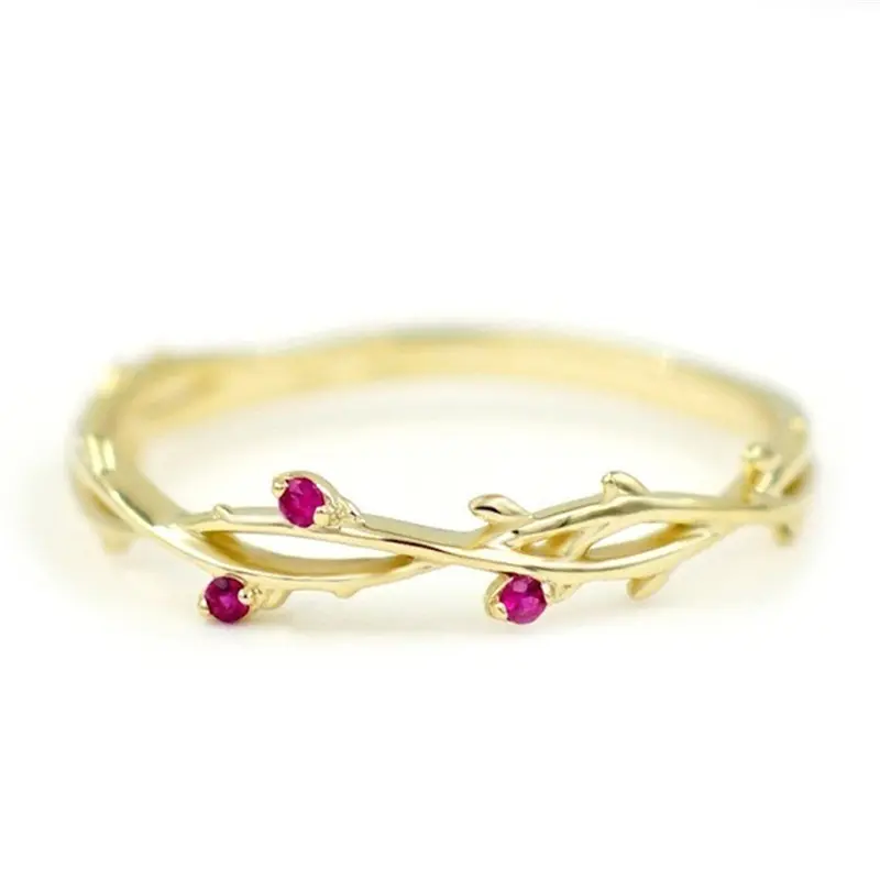 Изящные Ювелирные изделия, латунные простые кольца с рубином для девочек в виде Розы, цветка, виноградной ветки
