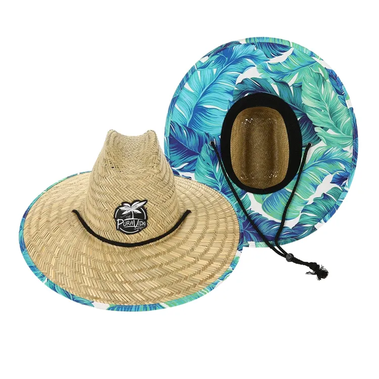 Wholesale Unisex Sombreros De Paja Custom Logo Man Wide Brim Rush Grass Lifeguard Beach Straw Hat For Surfing