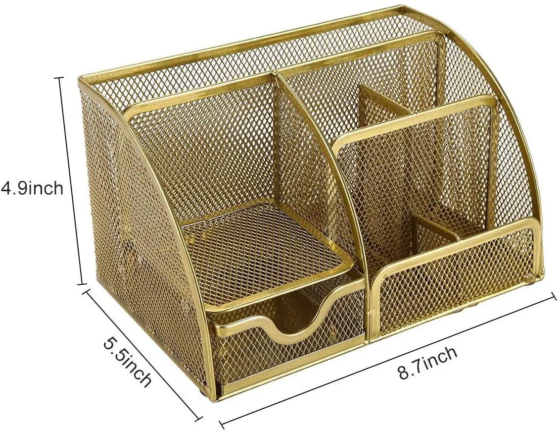 EasyPAG Mesh Desk Organizer Office Supplies Caddy 6 Compartments with Drawer,Gold