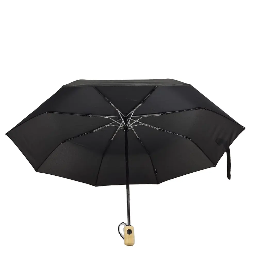 Wooden Handle Full Automatic Umbrella Folding Umbrella with Logo Printing Auto Open Close all in 1 Black Coated Metal Shaft