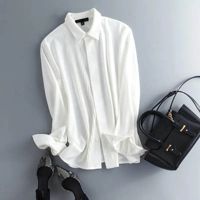 Высококачественная плиссированная шифоновая белая блузка с отворотами и длинным рукавом, женские модные топы
