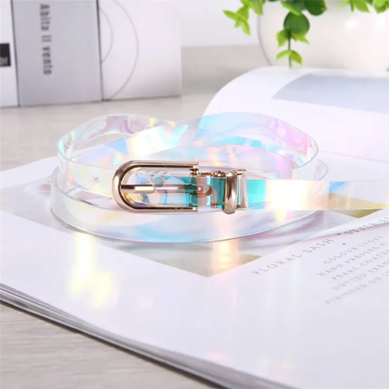 1PC Transparent Women Laser Holographic Rainbow Clear Pin Buckle Wide Belt Waist Bands Strap Ladies Invisible Punk Waistband