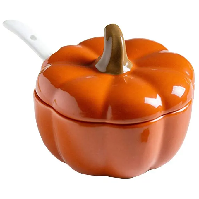 Wholesale white ceramic porcelain pumpkin shape sugar bowl seasoning pot with spoon and lid for servicing sugar