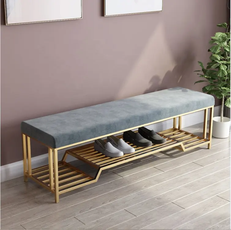 Wholesale velvet bedroom upholstered bench, stainless steel simple design modern bench shoe rack stool ottoman