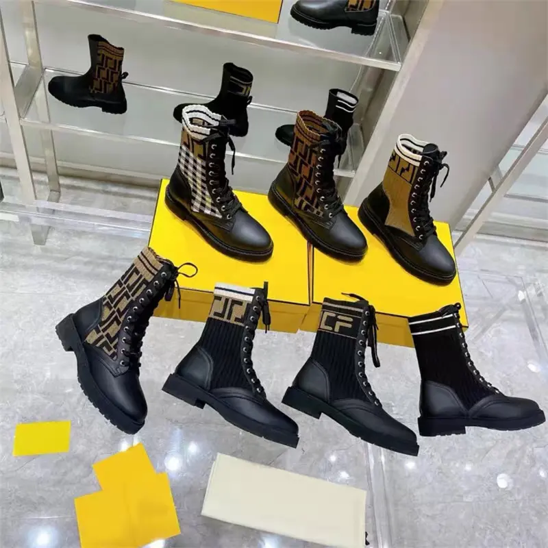 Europe 2021 autumn/winter F ankle boots women's fashion versatile leather flat knit letter lace-up motorcycle Martin boots