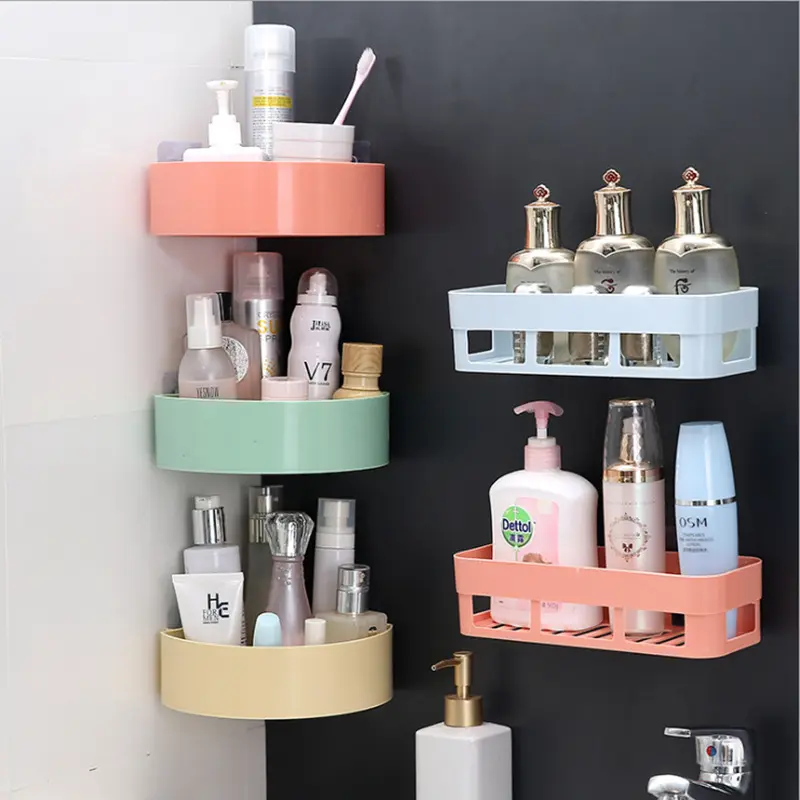 bathroom accessories living room Wall Mounted Suction Plastic Storage Rack shelf  traceless tape plastic bathroom wall shelf