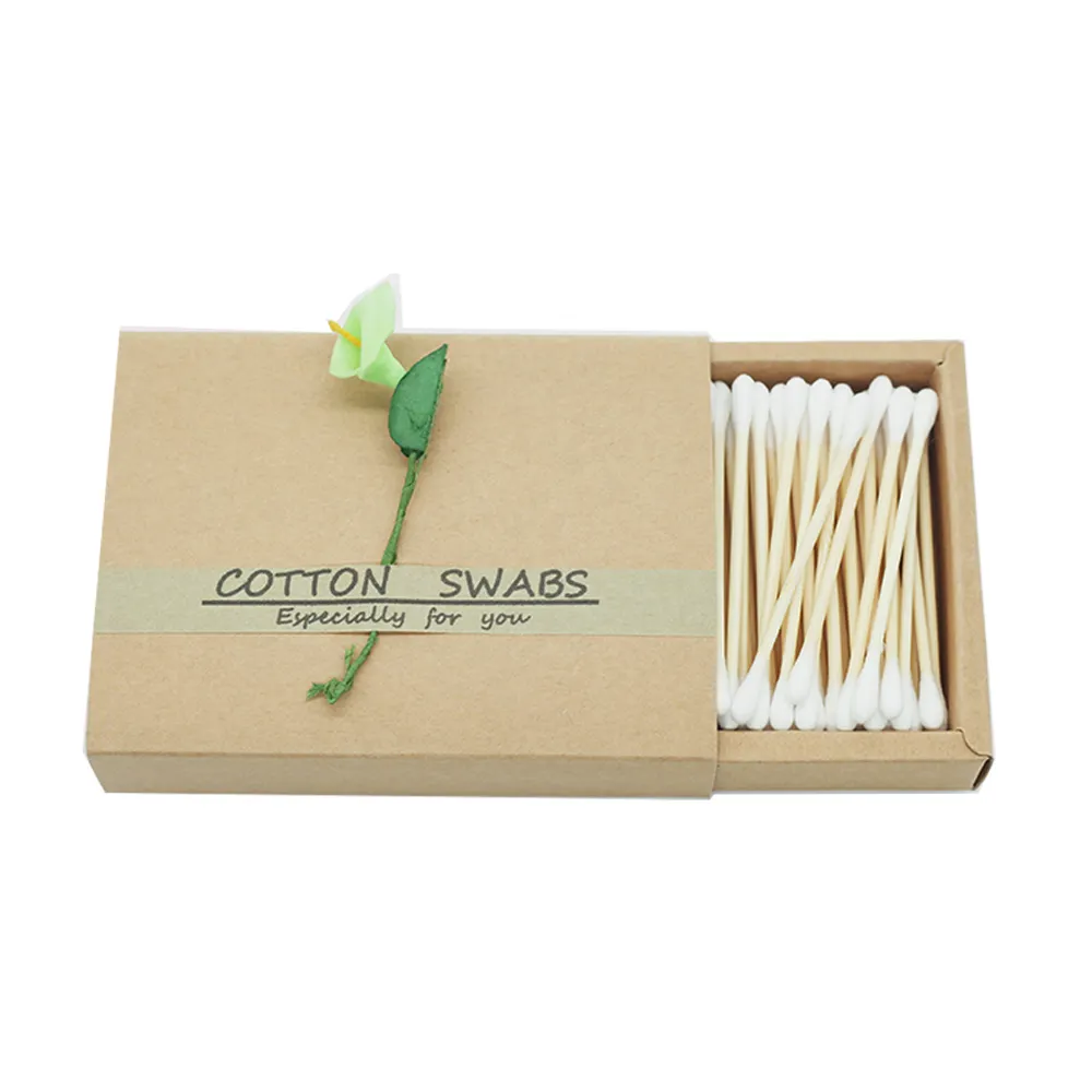 100pcs double sides white ear buds bamboo cotton swabs in paper box