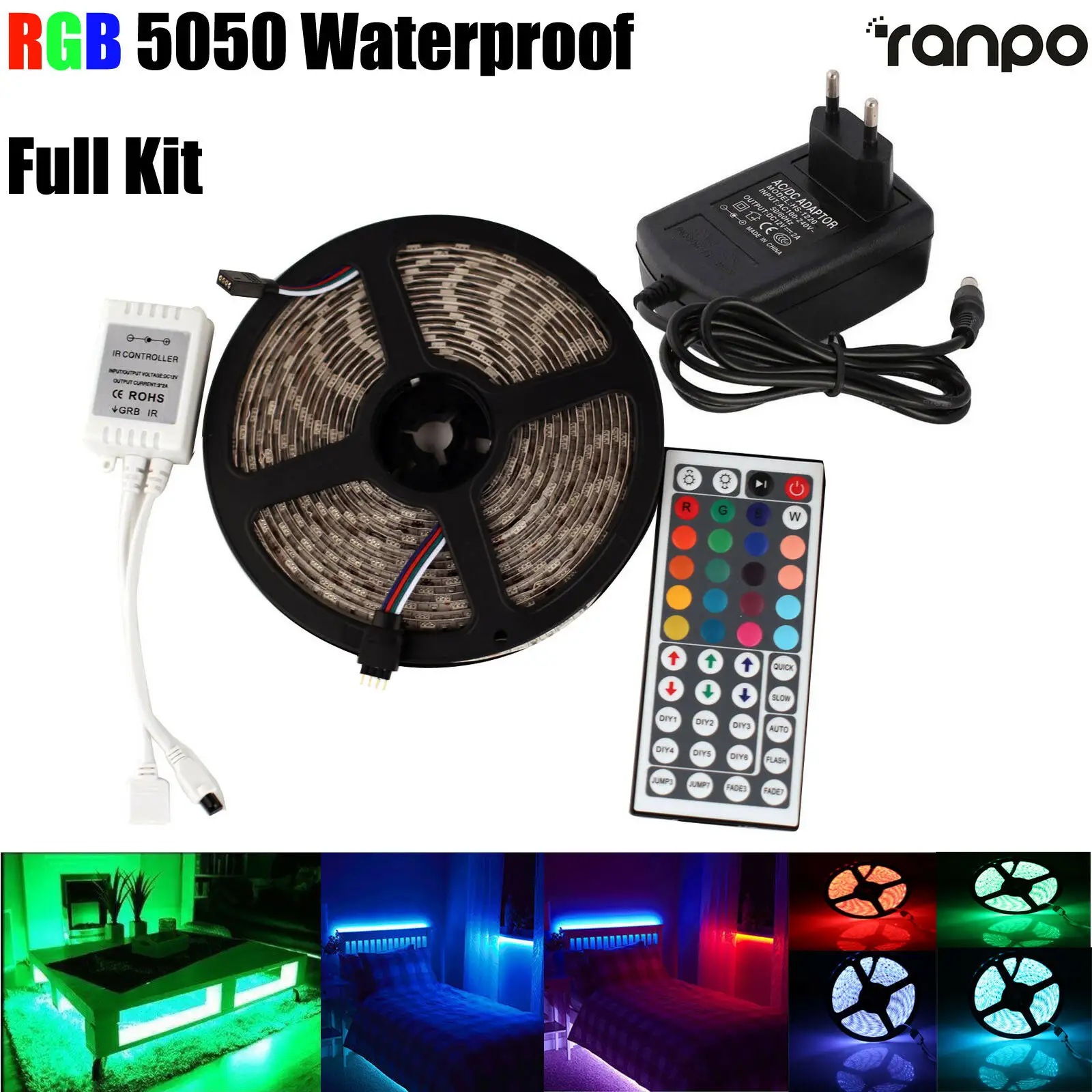 Drop shipping Amazon hot sale 300 led 5M multifull color IP65 IP20 44key remote controller RGB Smart LED Strip Light kit