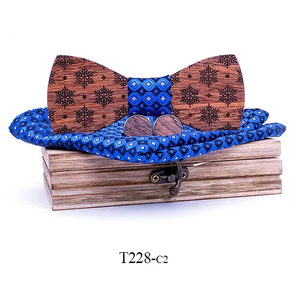 Hot Selling Men Wooden Bowtie Hanky Cufflink Brooch Gift Box Set For Wedding Party