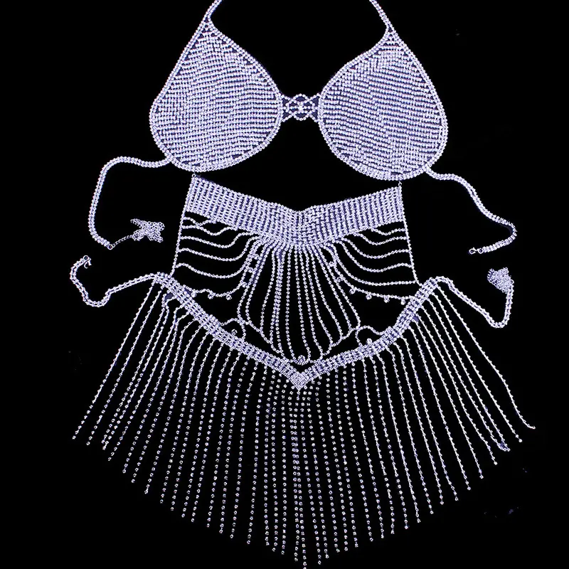 Long Tassel Crystal Rhinestone Bodysuit Body Jewelry Sexy Body Chain for Women Sexy lingerie Bikini Dress Beach Jewelry
