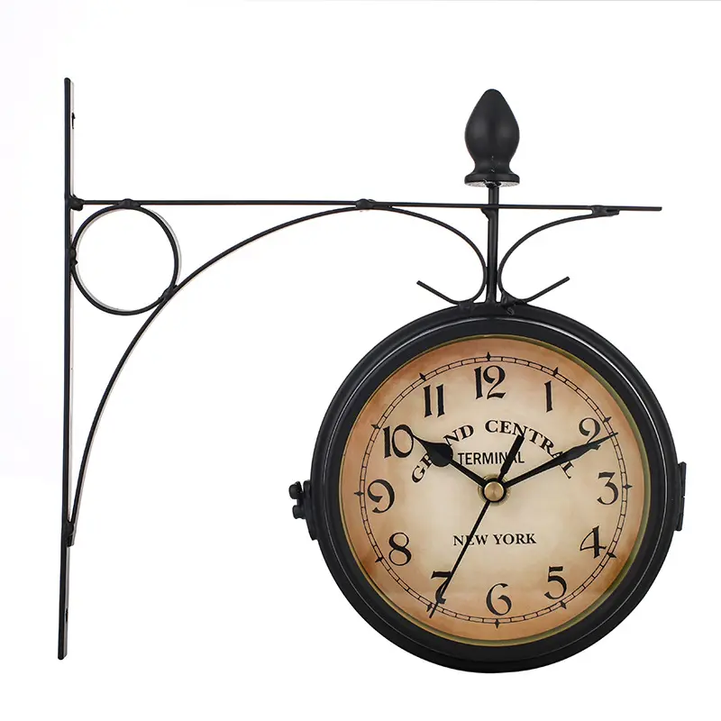 Indoor Living Room Bedroom Outdoor Patio Garden Decor Vintage Classic Wrought Iron Two Faces Hanging Double Sided Wall Clock