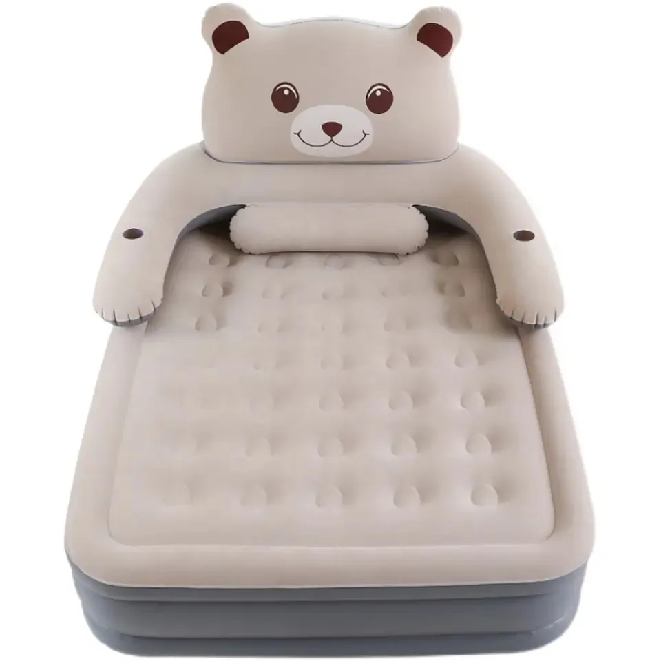 Фабричная надувная кровать с Флокированным серым медведем, надувная кровать из ПВХ с розовым котом, двойная кровать на заказ, портативная складная кровать