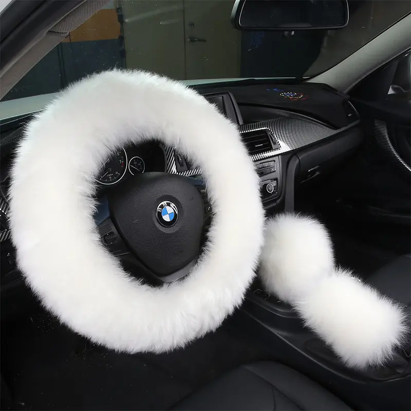 Women Real Sheepskin Auto Plush Warm Fluffy Fuzzy Car Accessories steering wheel cover Gear Shift Handbrake Fur Covers set