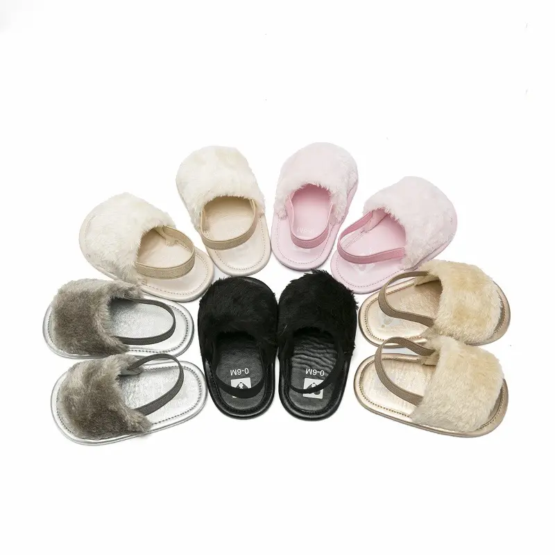 Wholesale Infant Fur Sandals Summer Girl Fancy Cute Baby Furry Slippers Solid Color Newborn Prewalker House Fur Baby Slippers