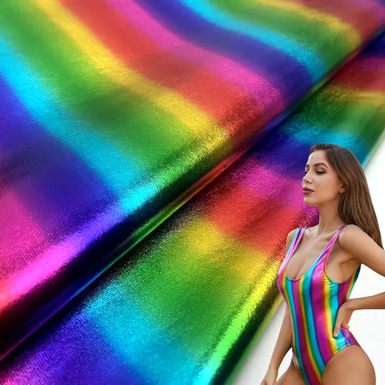 Shinning Metallic Rainbow Foil Printed 4 Way Stretch Polyester Spandex Knit Jersey Swimming Wear Fabric For Bikini