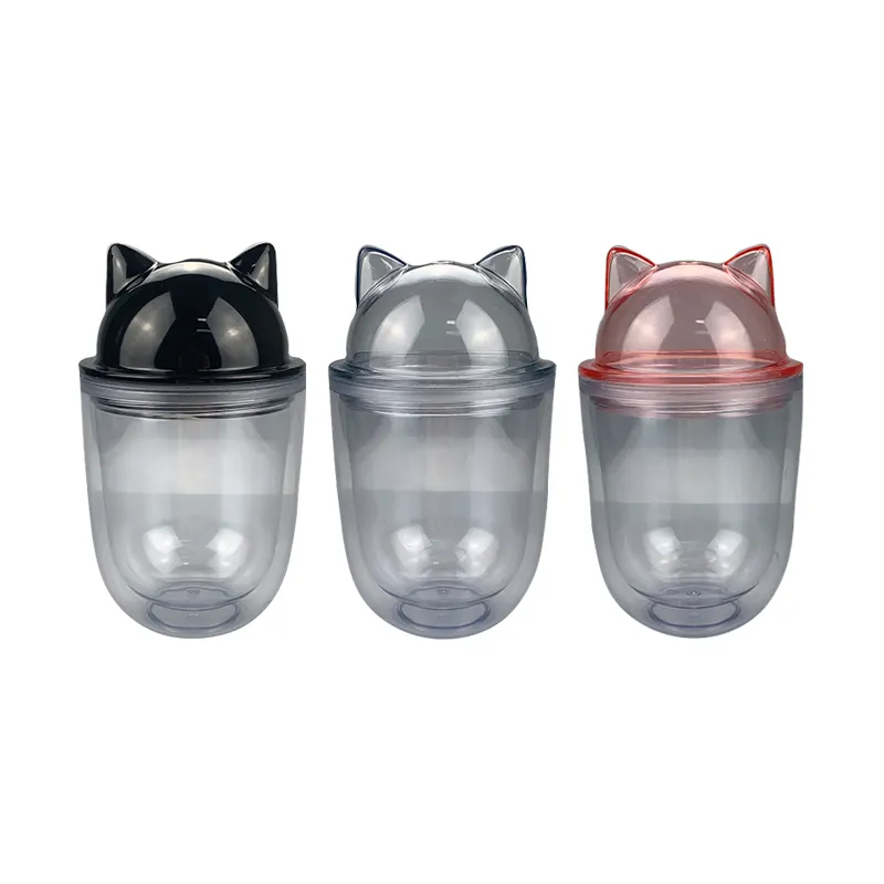 350 ml BPA Free Acrylic Cats Ear Shaped Tumbler Double Wall Clear Cup Translucent Plastic Modern Mug with Lid