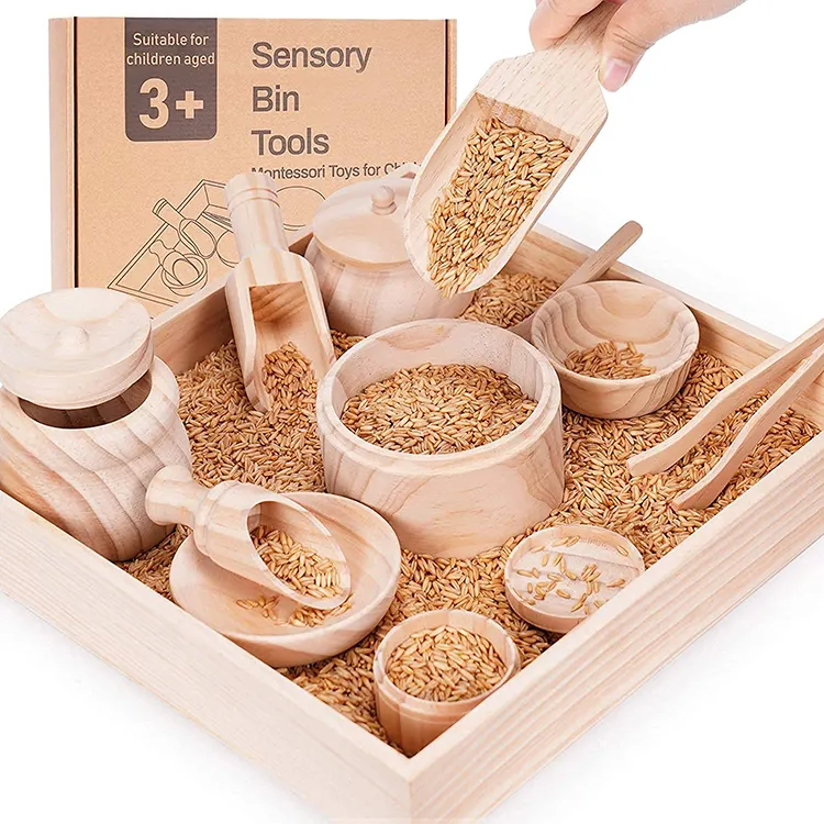 Sensory Bin Tools with Wooden Box, Montessori Toys for Toddlers Toys, Set of 12 Wooden Scoops and Wooden Tongs