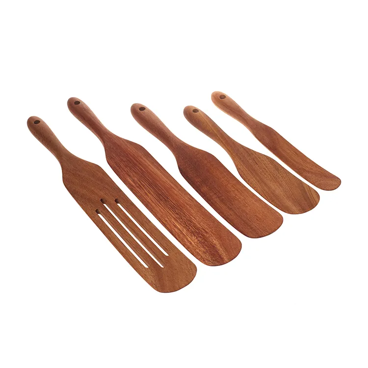 100% Natural Wooden Cooking Utensils Teak Heat and Moisture Resistance Non-Stick Wood Cookware Slotted Spurtle Spatula Sets