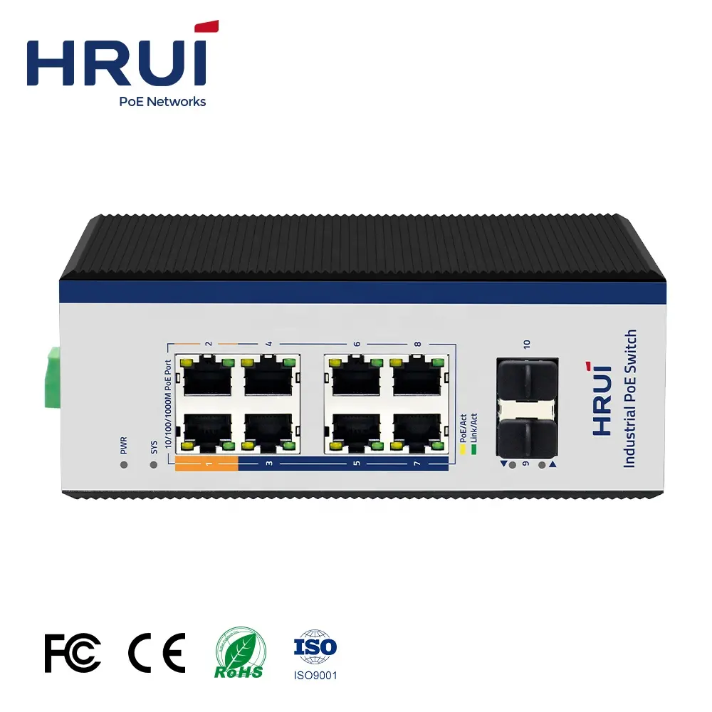 HRUI High Performance PoE Switch 8 Port Gigabit 2.5G SFP BT90W IP40 Protection L2+Managed Industrial PoE Switch