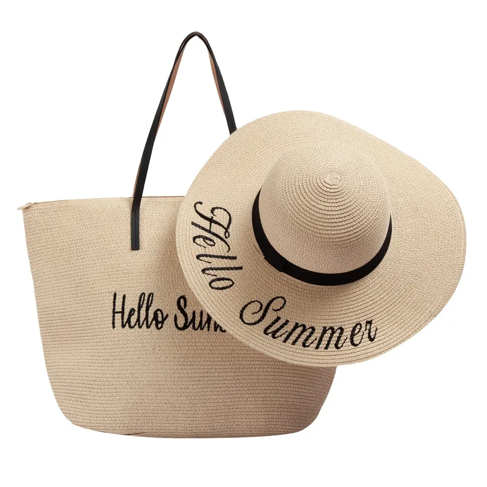 JAKIJAYI Wholesale Summer Ladies beach hat Customized  Woman Wide black paper floppy Straw hat with shoulder straw bag set