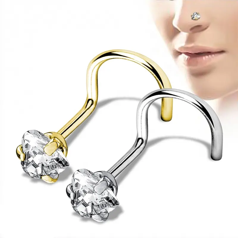 2020 The Latest Design Prong Heart CZ Nose Screw Ring 316L Surgical Steel Hot Wholesale