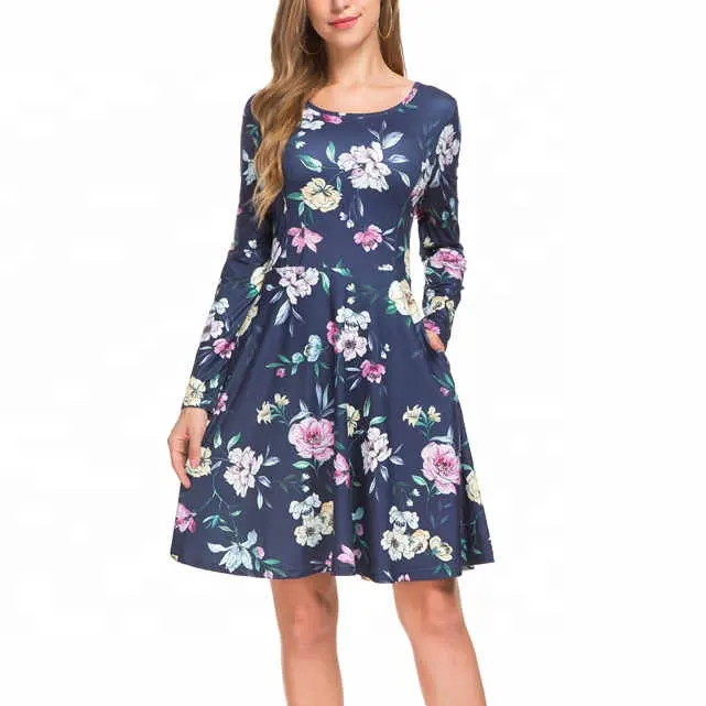 Office Long Sleeve Dress Women Elegant Midi Design Dress With Pockets