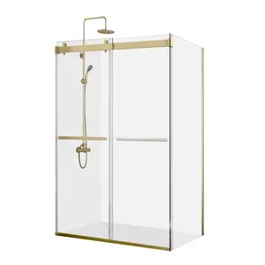 Frameless Golden Brushed Sliding Glass Shower Cubicle For Bathroom