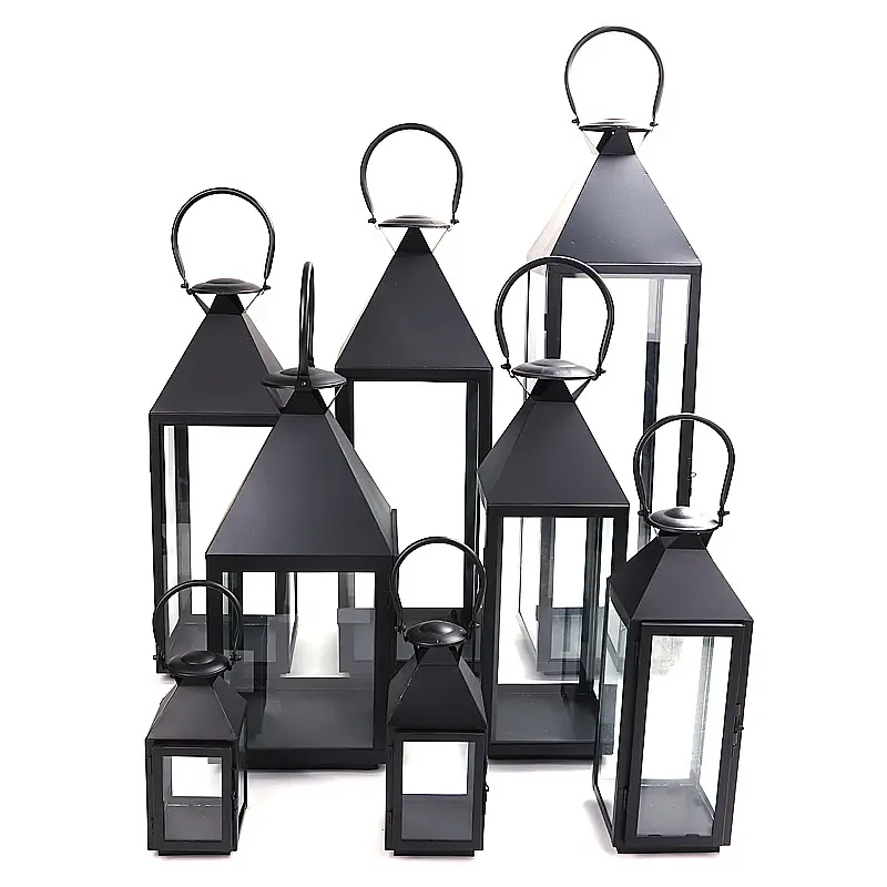 Оптовая продажа, классический черный квадратный металлический фонарь-свеча со стеклом внутри, наружный декоративный фонарь
