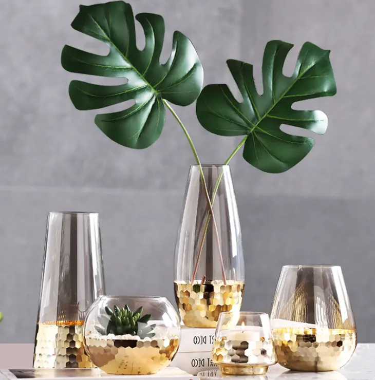 Оптовая Продажа Дешевая домашняя декоративная 24K настоящая Золотая оправа цилиндрическая Цветочная стеклянная ваза