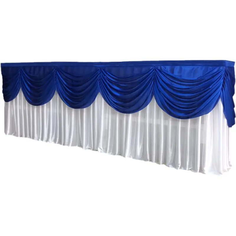 Hot selling any color unique design silk feel 100*75cm custom size blue white pleated table skirt