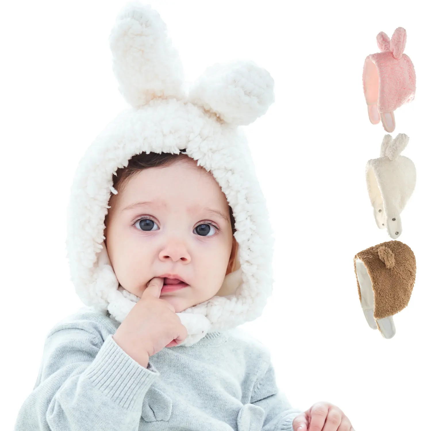 2021 Cute Winter Warm Kids Baby Fluffy Fuzzy Rabbit Ear Hats Caps For Boys And Girls Knitted Hat Wholesale Plush Baby Bunny Hat
