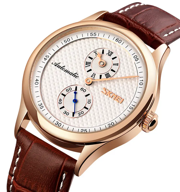 montre chronograph SKMEI 9238 Moon Phase leather wrist automatic watch mechanical for men
