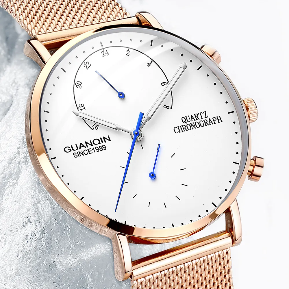 Guanqin Модные мужские минималистичные кварцевые часы наручные ультра тонкие повседневные тонкие стальные водонепроницаемые мужские часы